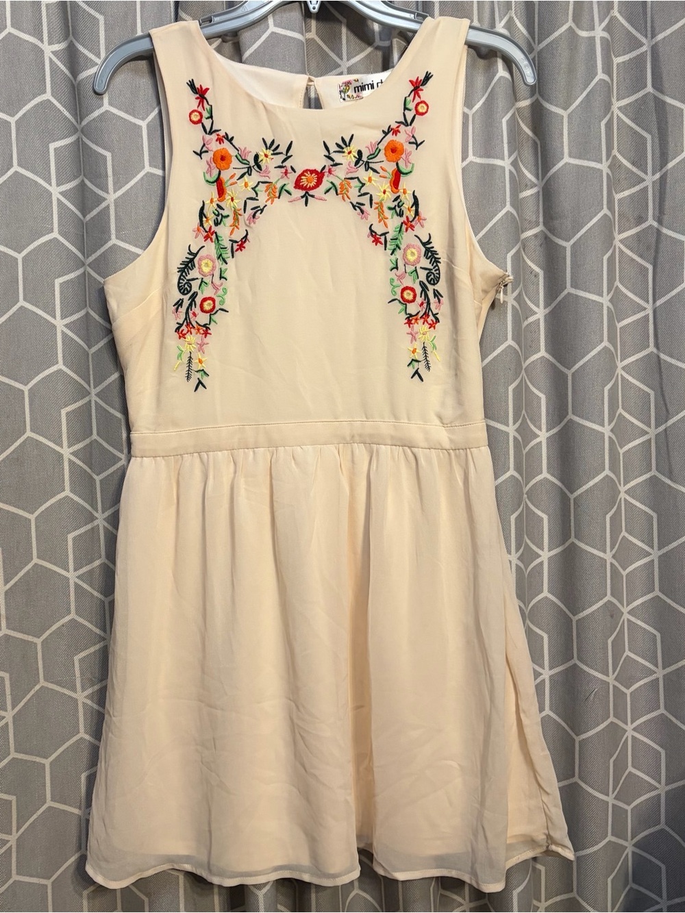Mimi Chica Cream Mini Dress with Multicolor Floral Embroidery